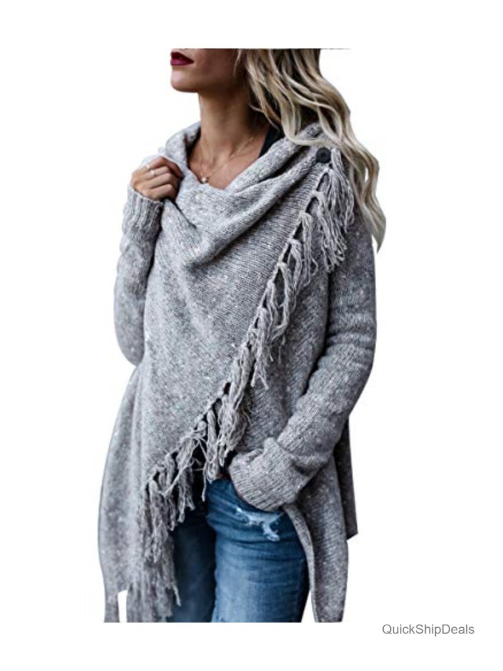 Open Front Tassel Hem Long Cardigan Knit Sweater Poncho Coat Loose Fit